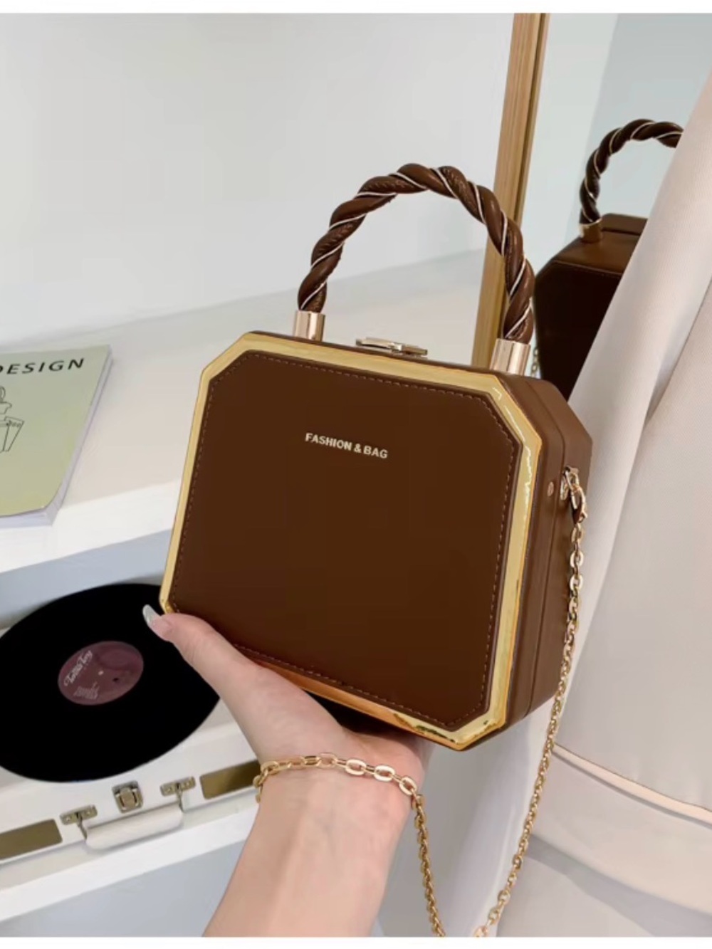 Women's Brown Box Handbag with Gold Trim